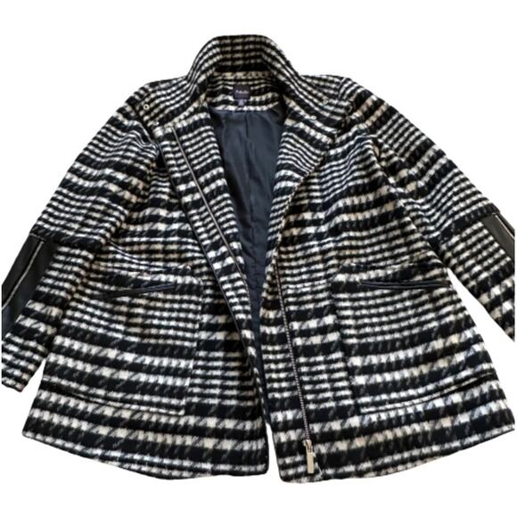 Rafaella Car Coat Black White Brushed Plaid Faux Leather Detail Outerwear Large - Picture 9 of 12